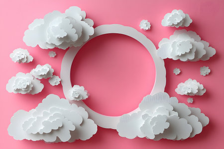 White paper clouds and flowers are artfully arranged around a circular frame against a vibrant pink backdrop. perfect for design projects, this abstract composition blends simplicity with creativity, ideal for posters and cards. Generative AIの素材