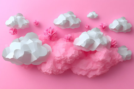 Abstract paper art featuring white geometric clouds and delicate pink paper flowers arranged against a pink background. perfect for creative design projects, decor, or whimsical illustrations. Generative AIの素材