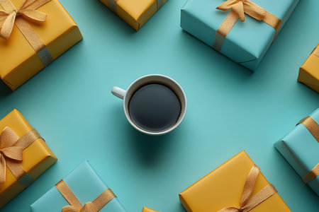 A top-down view of a steaming cup of coffee surrounded by neatly wrapped gift boxes. the vibrant blue background and yellow boxes create a lively and festive atmosphere, ideal for celebrations or gifting themes. Generative AIの素材
