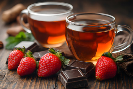 Cozy scene with two steaming cups of tea accompanied by fresh strawberries and rich chocolate pieces on a rustic wooden surface. the setting evokes comfort and indulgence, perfect for unwinding and savoring the moment. Generative AIの素材