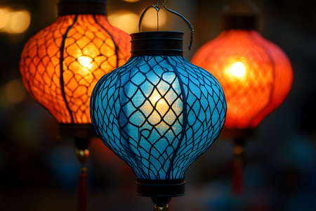 Colorful asian lanterns glow warmly in a night market setting, showcasing intricate designs and textures. the vivid blues and reds create a captivating ambiance, perfect for festive celebrations or cultural events. Generative AIの素材