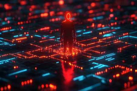 Depicts a futuristic scene with a human silhouette amid a grid of glowing blue and red neon lights. represents themes of digital transformation, virtual reality, and technology integration in modern life. Generative AIの素材