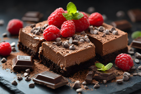 Exquisite chocolate brownies topped with fresh raspberries and mint leaves. rich layers of chocolate mousse and scattered chips create a luxurious dessert setting. perfect for gourmet presentations and indulgent culinary delights. Generative AIの素材