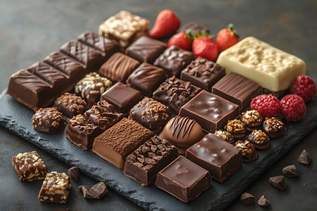 A diverse selection of luxurious chocolates and fresh strawberries and raspberries, elegantly arranged on a slate serving board. perfect for gift giving, special occasions, or indulgent dessert spreads. Generative AIの素材