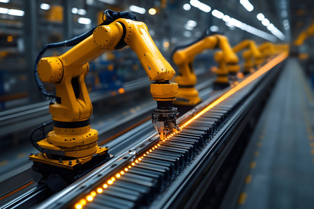 Robotic arms meticulously work along an illuminated production line within a modern factory setting, showcasing advanced industrial automation and precision technology in a streamlined manufacturing process. Generative AIの素材