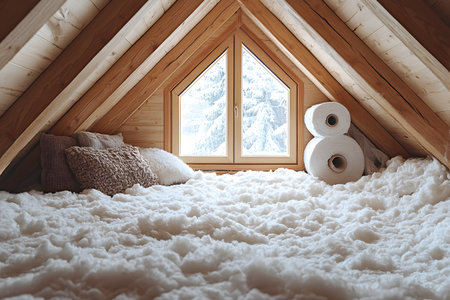 A serene attic space features a triangular window overlooking a winter landscape. the cozy interior includes fluffy snow-like material on the floor, soft pillows, and wooden beams, creating a peaceful and inviting atmosphere. Generative AIの素材