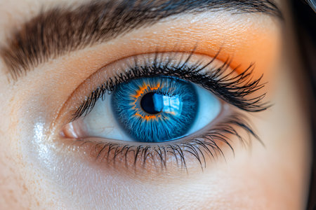 Detailed macro photograph the striking blue iris, accentuated by warm orange eye shadow. the image showcases fine textures of eyelashes and eyebrow, emphasizing the beauty and intricacy of the eye. Generative AIの素材