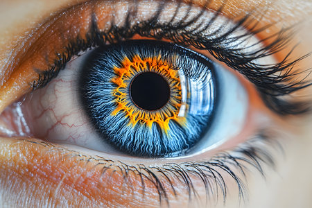Macro photograph of a human eye showcasing a bright blue and orange iris with intricate details. ideal for use in scientific, educational, or artistic projects human anatomy and eye-related themes. Generative AIの素材