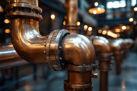 Metallic pipes are arranged in an industrial factory environment, illuminated by warm overhead lights. the scene intricate design and infrastructure of a modern pipeline system within an industrial setting. Generative AIの素材