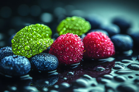 Juicy raspberries and blueberries with vibrant green mint leaves covered in glistening water droplets. the dark, reflective surface enhances the vivid colors, creating a fresh, appetizing still life scene. Generative AIの素材