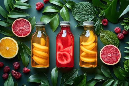 A top view of three glass bottles filled with colorful fruit-infused beverages surrounded by fresh grapefruit, orange halves, raspberries, and tropical greenery. ideal for promoting a refreshing and healthy lifestyle. Generative AIの素材