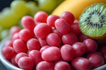 An enticing assortment of ripe fruits featuring glistening red candies, green grapes, a sliced kiwi, and hints of a banana. ideal for summer-themed concepts, food photography, and culinary presentations. Generative AIの素材