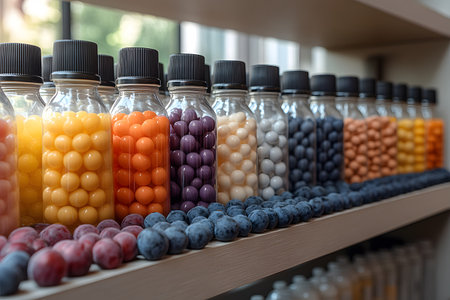 A vibrant arrangement of colorful spherical candies in glass jars lined up in a row, accompanied by fresh berries. perfect for adding a playful and decorative touch to kitchen or pantry spaces. Generative AIの素材
