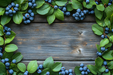 A rustic wooden surface is bordered by fresh blueberries and vibrant green leaves, creating a natural and earthy frame. perfect for nature-themed designs, invitations, or seasonal greeting cards. Generative AIの素材