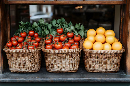 A vibrant assortment of fresh tomatoes and juicy oranges housed in woven baskets, displayed against a rustic backdrop. perfectly evokes the charm of a local farmer's market with its natural, wholesome appeal. Generative AIの素材