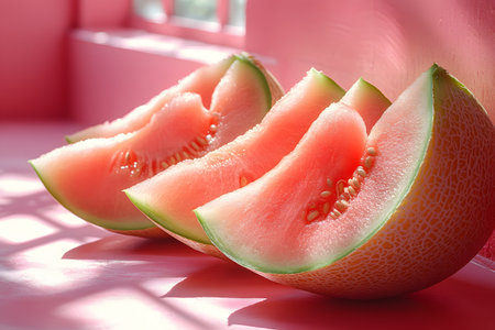 Fresh, juicy slices of melon are artfully arranged on a soft pink background, the vibrant contrast and textures. ideal for culinary design and food photography, evoking summer freshness. Generative AIの素材