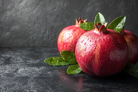 Pomegranates with water droplets rest on a textured dark background, surrounded by green leaves. this rustic scene emphasizes freshness and organic themes, ideal for culinary and seasonal autumn designs. Generative AIの素材