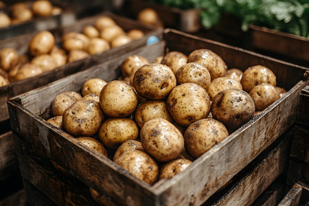 Organic potatoes displayed in rustic wooden crates at a vibrant local market. the fresh produce is surrounded by other vegetables, creating a natural and earthy atmosphere ideal for promoting agriculture and sustainability. Generative AIの素材