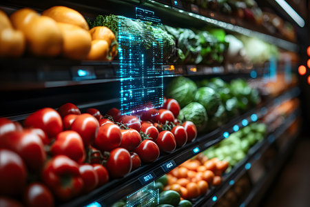 A vibrant grocery store scene featuring a range of fresh fruits and vegetables with an interactive, ai-enhanced digital display. this innovative setup intersection of technology and everyday shopping experiences. Generative AIの素材