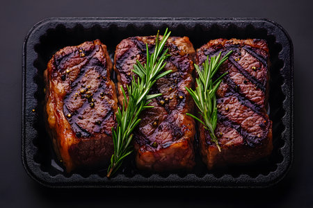Juicy grilled steak slices served in a black tray adorned with sprigs of fresh rosemary. the well-seasoned meat showcases beautiful grill marks, a savory culinary experience ideal for food-focused designs. Generative AIの素材