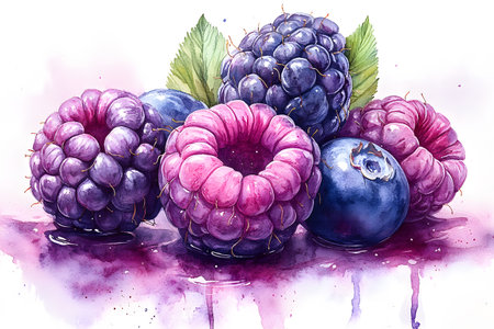 Vibrant watercolor illustration of ripe raspberries and blueberries, their rich textures and colors. ideal for kitchen decor, greeting card designs, or print projects. Generative AIの素材
