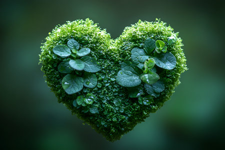 A heart-shaped moss formation adorned with dewdrops beauty of nature and sustainability. the lush green tones and organic texture emphasize themes of love, environmentalism, and natural beauty. Generative AIの素材