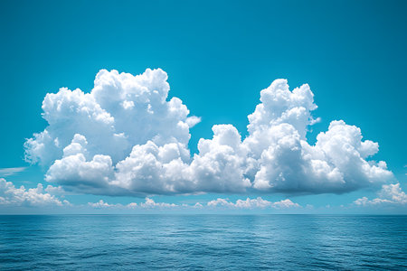 Breathtaking view of the ocean meeting the sky, dominated by vibrant blue tones and towering cumulus clouds. this serene scene evokes tranquility and peace, ideal for themes around relaxation and nature's beauty. Generative AIの素材