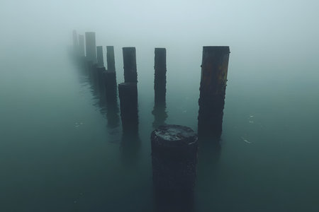 Weathered wooden pilings emerge from a serene water surface, enveloped in soft mist, creating a tranquil and atmospheric seascape. ideal for art prints or designs focused on peaceful, natural themes. Generative AIの素材