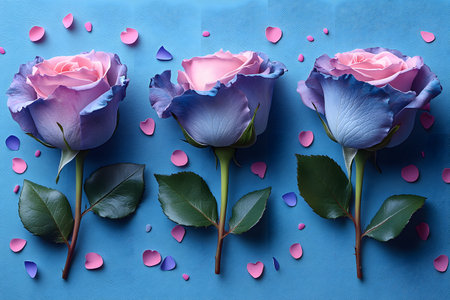 Three striking roses with blue and pink hues are elegantly arranged on a textured blue background. scattered petals surround the flowers, adding a dynamic touch to the composition, ideal for decorative uses. Generative AIの素材