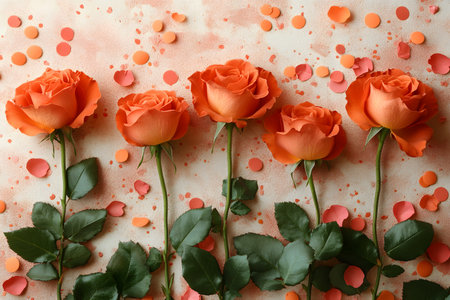 Vibrant orange roses arranged in a row against a textured background with scattered paper confetti. this floral composition highlights the beauty of nature, ideal for art, design, and decorative purposes. Generative AIの素材