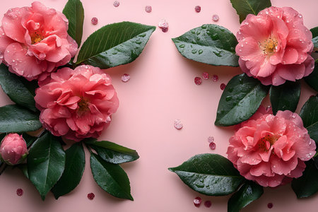 Delicate pink camellias are artistically arranged with lush green leaves on a soft pastel background. water droplets enhance the petals, adding a fresh, vibrant touch. ideal for florals-focused design, print, or decoration. Generative AIの素材