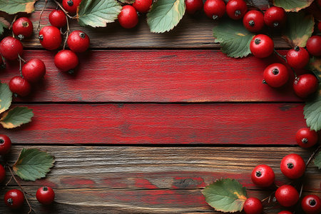 Vibrant red berries contrasted against rustic wooden planks, framed with green leaves. this autumn-inspired setting evokes a sense of natural abundance and seasonal warmth, ideal for harvest-themed designs or fall decorations. Generative AIの素材