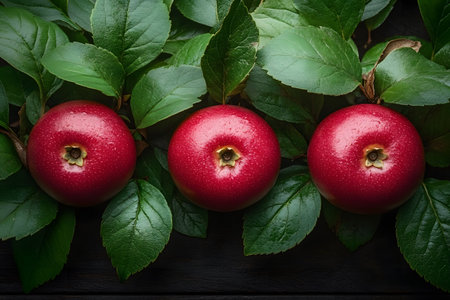 Three shiny red apples rest among lush green leaves, themes of nature and freshness. ideal for concepts of autumn harvest, gardening, and healthy living, showcasing rich colors and natural textures. Generative AIの素材