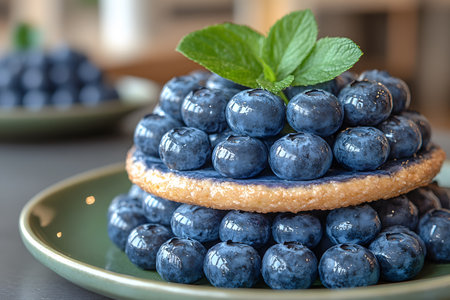 Blueberry tart adorned with a fresh mint leaf on a green plate. the tart is stacked with ripe blueberries, textures and contrasts. a blurred background adds depth and emphasizes the dessert's rich colors. Generative AIの素材