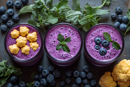 Colorful glasses filled with purple smoothies, adorned with fresh blueberries, yellow cauliflower, and mint leaves, set against a backdrop of scattered blueberries and mint, emphasizing health and nutrition. Generative AIの素材