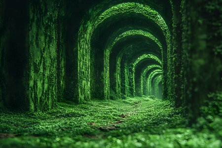 Enchanting green tunnel covered in vibrant foliage, creating a mystical atmosphere. ideal for concepts of fantasy, adventure, and natural beauty, perfect for backgrounds or design inspiration. Generative AIの素材
