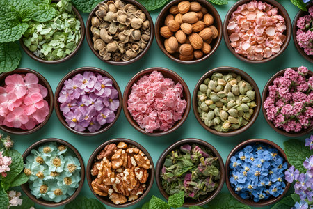A top-down view of colorful flowers, nuts, and seeds arranged in a grid pattern. each bowl contains a different type, showcasing a variety of textures and colors against a soothing green background, ideal for culinary or botanical designs. Generative AIの素材