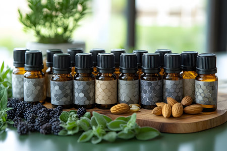 A collection of essential oil bottles is showcased on a wooden board surrounded by almonds and fresh herbs. the arrangement evokes themes of natural healing and aromatherapy, perfect for wellness and holistic lifestyle content. Generative AIの素材