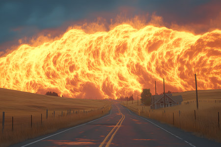 A rural road flanked by fields leads to a fiery, dramatic cloud resembling a wildfire at dusk. the intense orange glow contrasts with the darkening sky, creating a powerful and surreal landscape scene. Generative AIの素材
