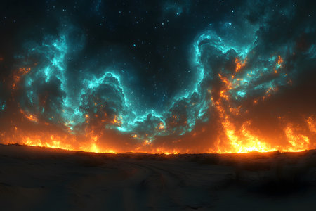 A breathtaking blend of a vividly starry night sky and a dramatic horizon ablaze with fiery colors. the surreal landscape creates a striking contrast, perfect for creative projects and imaginative designs. Generative AIの素材