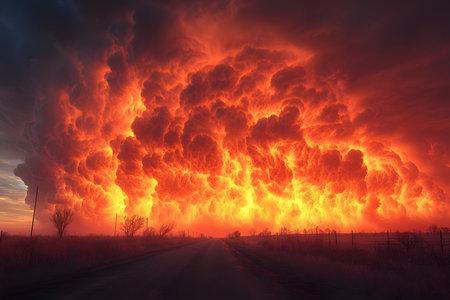 A stunning fiery sky filled with dramatic, glowing clouds dominates the rural landscape. the vibrant reds and oranges create a striking contrast with the dark road below, evoking a sense of awe and wonder. Generative AIの素材