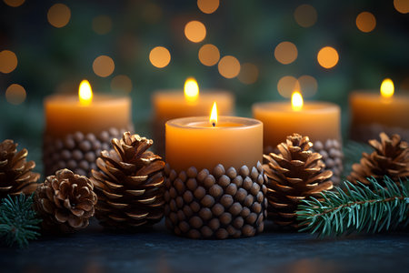 Warm holiday atmosphere featuring lit candles decorated with pinecones, surrounded by evergreen branches. soft, glowing bokeh lights create a cozy, inviting christmas setting perfect for seasonal decor ideas. Generative AIの素材