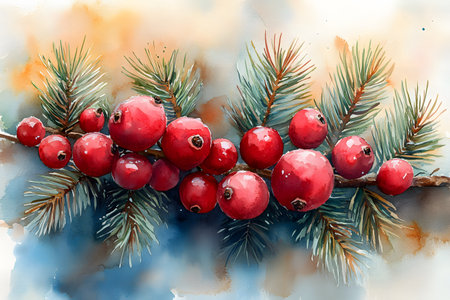 Watercolor illustration showcasing vibrant red berries and lush pine branches. ideal for creating christmas-themed decorations, seasonal greeting cards, or festive design projects. Generative AIの素材