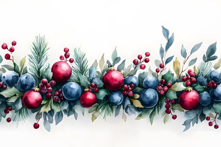 Watercolor illustration featuring a festive garland adorned with red and blue berries, pine branches, and lush green foliage. perfect for christmas cards, holiday decor, and seasonal designs. Generative AIの素材