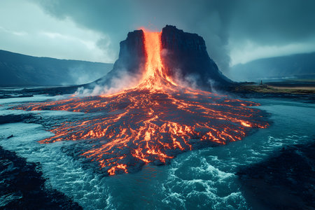 A spectacular volcano erupts, spewing fiery lava against a moody sky, surrounded by steam and rough terrain. a river divides the molten landscape, the sheer power and beauty of nature's forces. Generative AIの素材