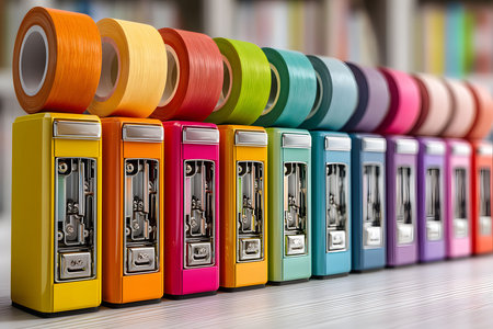 A vibrant collection of colorful staplers paired with matching adhesive tapes in a neat, linear arrangement. ideal for adding a burst of color to office or school environments. each stapler and tape reel features a distinct, lively color. Generative AIの素材