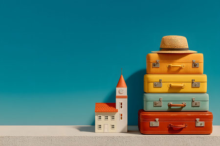 Brightly colored suitcases stacked neatly alongside a miniature house model and a straw hat, set against a vibrant blue background. this arrangement embodies themes of travel, leisure, and summer vacation, evoking a sense of adventure and exploration. Generative AIの素材