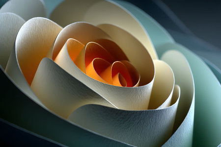 Abstract representation of a flower crafted from layered paper in soft pastel shades. the intricate, spiral formation and textural variety create a sense of depth and artistic elegance, ideal for decorative and creative applications. Generative AIの素材