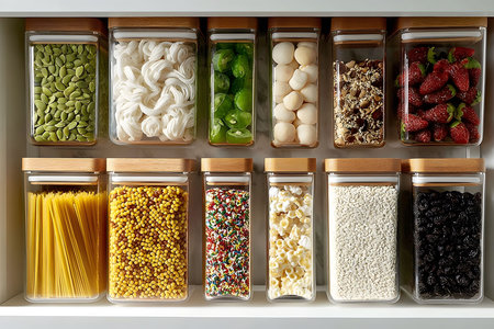 A neatly organized pantry shelf features clear containers filled with a variety of foods, including grains, pasta, nuts, seeds, and fruits. the use of clear containers enhances visibility, making it easy to manage kitchen storage efficiently. Generative AIの素材