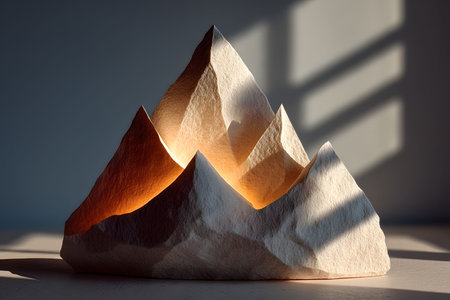 A minimalist stone sculpture depicting a mountain range, accentuated by dramatic lighting and shadow effects. the interplay of light highlights the textured surface, creating an elegant and artistic representation of nature. Generative AIの素材